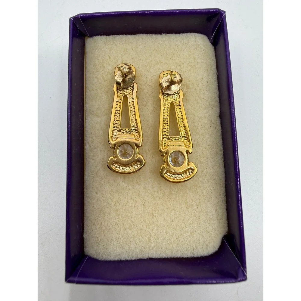 Kings Jewelry Gold Tone Cubic Zirconia CZ Drop Dangle Earrings Vintage Boxed